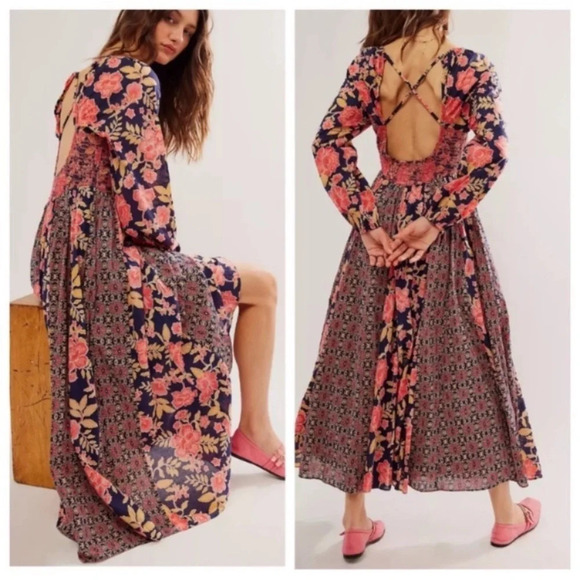New! Free People a new way Smocked Open Back Maxi Dress Floral nwot 27164 - Picture 1 of 8